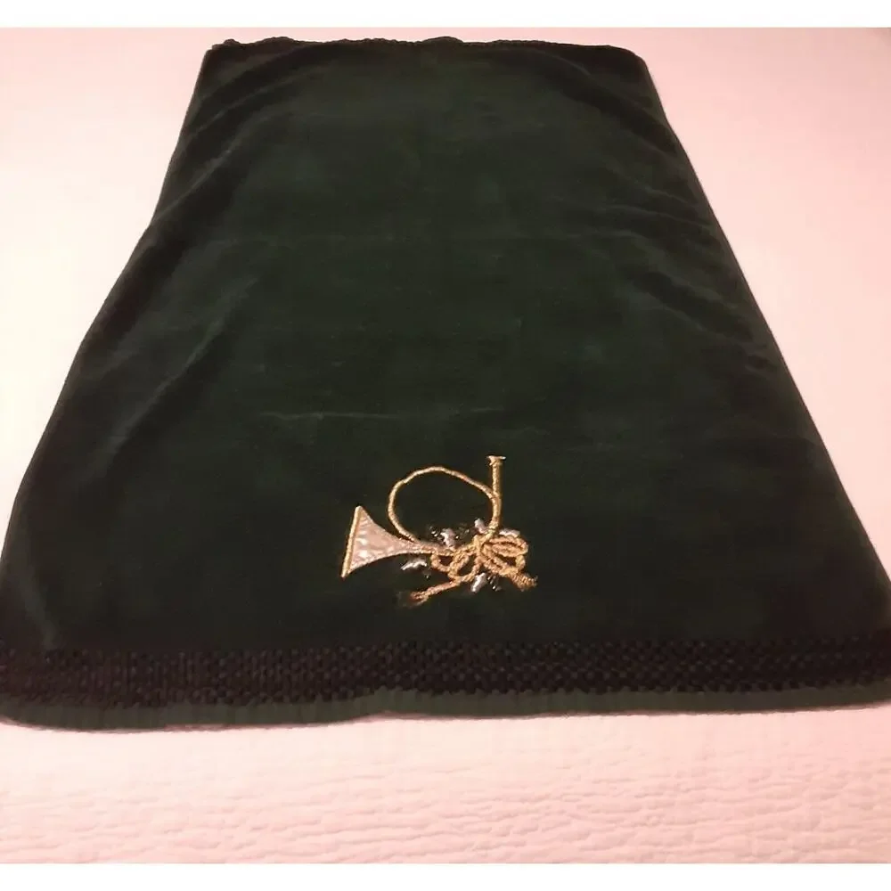 Vintage Christmas 3pc Towel Set Ribbons & Horns Hunter Green & Gold